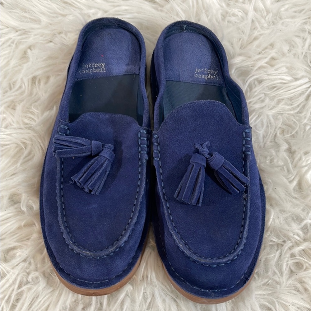 JEFFREY CAMPBELL Tassel Leather Slip On Loafer Mule Dark Blue Suede Size 8.5 - Picture 3 of 14
